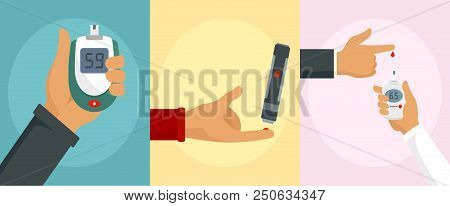 Glucose Meter Care Check Sugar Blood Test Banner Concept Set. Flat Illustration Of 3 Glucose Meter C