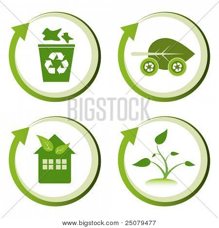 Green eco friendly design concepts â recycle bin, green transport, green house, green seedling.