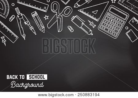 Seamless Pattern With School Supplies Stationery Equipment. Back To School Background. Vector Illust