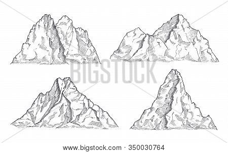 Mountains Sketch. Art Drawing Mountain, Engraved Panorama Silhouette. Vintage Wildlife Landscape, Ro