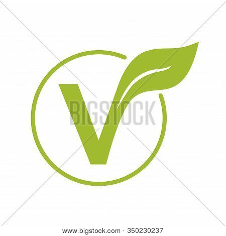 Vegan Icon. V From Vegan With A Leaf. Vector Illustration. Flat And Green Design.