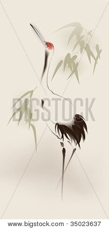 Oriental style painting, Red-crowned Crane