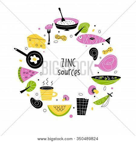 Zinc Rich Foods. Vector Flat Cartoon Illustrationin Circle