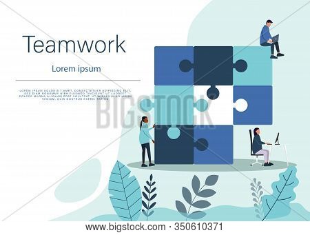 Business concept teamwork . Team business metaphor. Business teamwork people connecting puzzle elements. Vector teamwork business illustration flat design style. Symbol of business teamwork, business cooperation, business partnership.