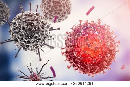 Virus Cells Or Bacteria Molecule. Flu, View Of A Virus Under A Microscope, Infectious Disease. Germs