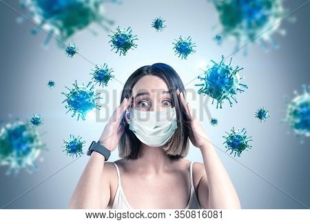 Scared Young Woman In Mask, Coronavirus Panic