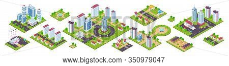 Isometric City. 3d Real Estate Houses Cars And Town Constructions, City Blocks With Streets And Natu