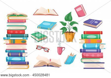 Stack Of Books. Cartoon Pile Of Open And Closed Books, School Education And Home Library Concept. Ve