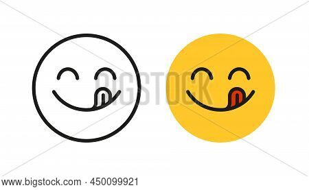 Yummy Smile Emoji With Tongue Lick Mouth. Delicious Tasty Food Symbol For Social Network. Yummy And 