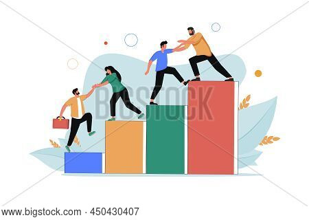 Happy Young Employees Giving Support And Help Each Other Flat Vector Illustration. Business Team Wor