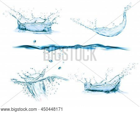 Water Crown Splash And Wave Swirl And Drops. Vector Liquid Splashing Aqua Dynamic Motion, Blue Water