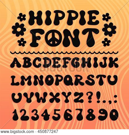 Hippie 60s, 70s Psychdedelic Cartoon Style Font. Vector Doodle Illustration Letters. Trendy Alphabet