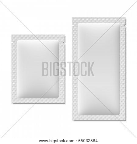 White blank sachet packaging for food, cosmetics, or medicine.