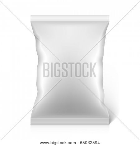 White blank snacks food foil packaging bag. Vector.