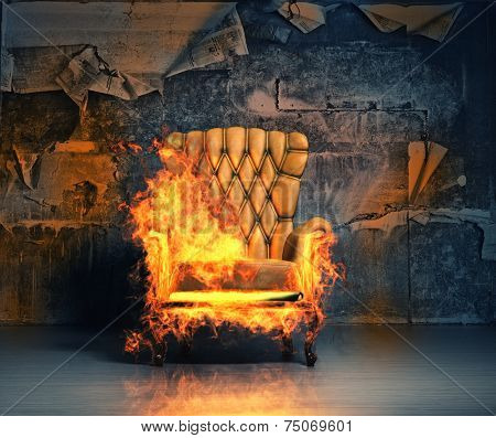 burning armchair in the grunge interior. 3D illustration creative concept