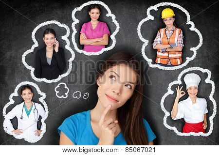 Education and career choice options - student thinking of future. Young Asian woman contemplating career options smiling looking up at thought bubbles on a blackboard with different professions