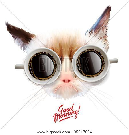 Good morning. Funny cat with cups of coffee