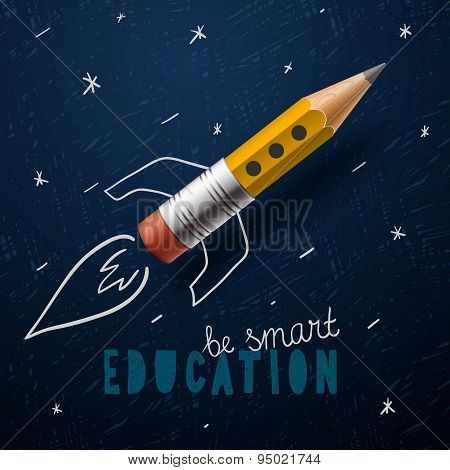 Smart education. Rocket ship launch with pencil - sketch on the blackboard