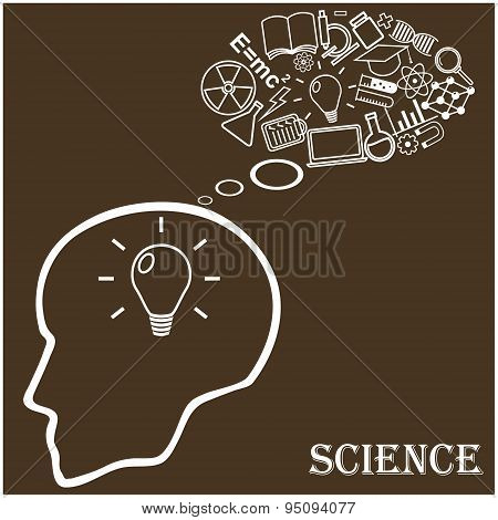 Human head and icons of science. Vector illustration in linear style.