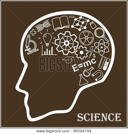 Human head and icons of science. Vector illustration in linear style.