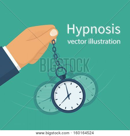 Hypnosis concept. Man holding a watch on a chain. Golden pocket watch. Pendulum swinging. Mind control. Vector illustration flat design. Isolated on background.