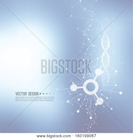 Array with dynamic moving particles. Node molecule structure. Science and connection concept. Techno Research, brain cells, neurons. Vector abstract background. DNA strand, helix, spiral