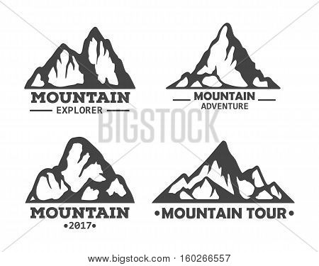 Mountain or rock silhouette set of icons. Hill landscape or peak symbol, mountain logo or rocky hills vector icon. For mountain extreme sport logo or travel agency icon, winter tourism and exploration