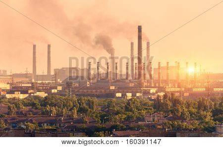 Metallurgy Plant At Sunset. Steel Mill. Heavy Industry Factory