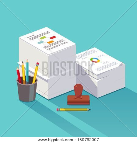 Heap of research documents. Two stacked paper piles accompanied by official stamp, pens and pencils. Bureaucracy concept. Flat style vector illustration.