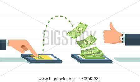 People sending and receiving money wireless with their mobile phones. Hand tapping smart phone with banking payment app. Modern flat style concept vector illustration isolated on white background.