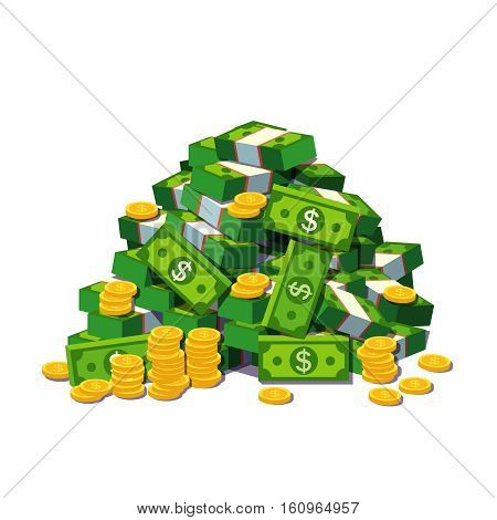 Big pile of cash money and some gold coins. Heap of packed dollar bills. Flat style modern vector illustration isolated on white background.