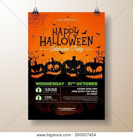 Halloween Party Flyer Vector Illustration With Scary Faced Pumpkins On Orange Background. Holiday De