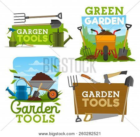 Gardening Tools And Equipment, Garden Work Isolated Icons. Shovel, Rake And Fork, Wheelbarrow With G