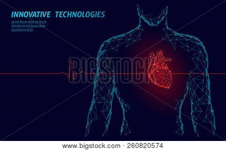 Man Silhouette Healthy Heart Beats 3d Medicine Model Low Poly. Triangle Connected Dots Glow Point Re