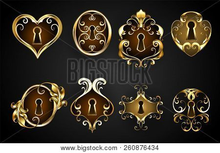 Set Of Antique, Jewelry, Keyholes On Black Background.