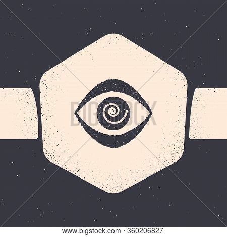 Grunge Hypnosis Icon Isolated On Grey Background. Human Eye With Spiral Hypnotic Iris. Monochrome Vi