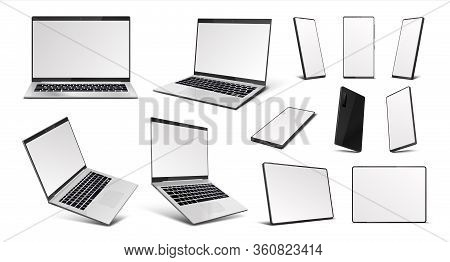 Realistic Gadgets. Laptop, Tablet Pc And Mobile Phone Devices Mockup, 3d Digital Gadgets With Blank 