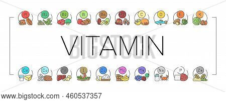 Vitamin Mineral Medical Complex Icons Set Vector. Healthy Vitamin C And A, Healthcare Extract With C