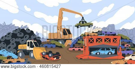 Old Cars Pile At Junkyard. Auto Dump Scrap Junk Yard With Broken Automobiles. Utilization Transport 