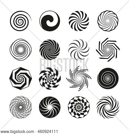 Black Spirals Set. Round Simple Spiral Ornaments, Rough Circle Swirling Elements. Swirl Icons, Hypno