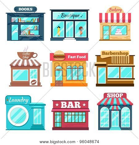 Shops and stores icons set in flat design style