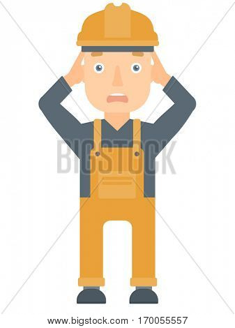 Stressed engineer in hard hat. Overworked engineer feeling stress from work. Stressful engineer clutching his head. Stress at work concept. Vector flat design illustration isolated on white background