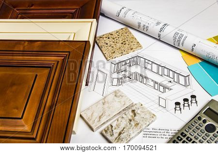 A kitchen renovation interior design. Kitchen renovation material selection. Kitchen material and design for renovation on designer desk. Renovation concept.