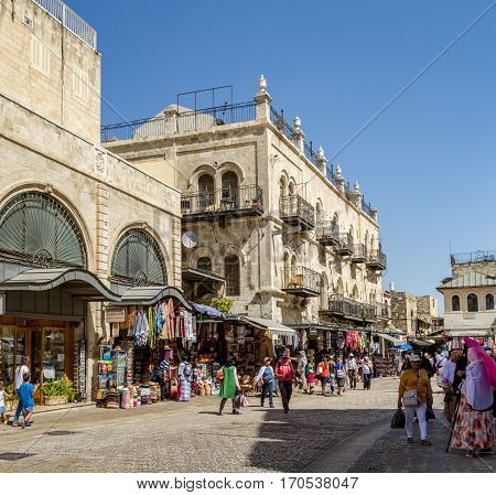 JERUSALEM ISRAEL - OCTOBER 3: The Old City of Jerusalem near the Jaffa Gate street market people walk in Jerusalem Israel on October 3 2016