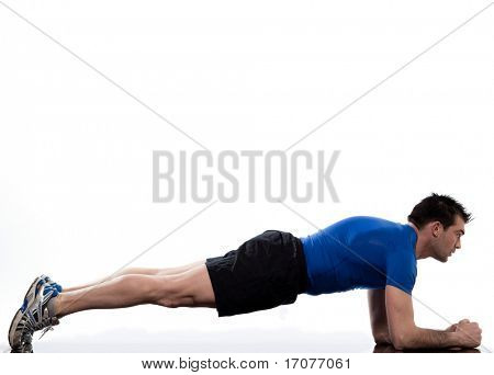 man on Abdominals workout Basic Plank posture on white background