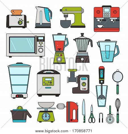 Thin line flat design of automatic equipment for cooking. Different types of automatic tools for kitchen, filter, oven, mixer, blender and other machines isolated on white background