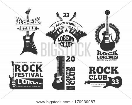 Vintage heavy rock, jazz band, guitar shop, music vector logos and labels set with acoustic guitars. Emblems for rock band or rock festival with electric guitar illustration