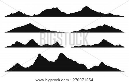 Mountains Silhouettes On The White Background. Wide Semi-detailed Panoramic Silhouettes Of Highlands