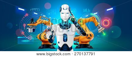 Industry 4.0 Concept Banner. Robot With Ai Control Production Line On Smart Factory. Cybernetic Arti