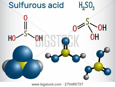 Sulfurous Acid (sulphurous Acid, H2so3) Molecule. Structural Chemical Formula And Molecule Model. Ve